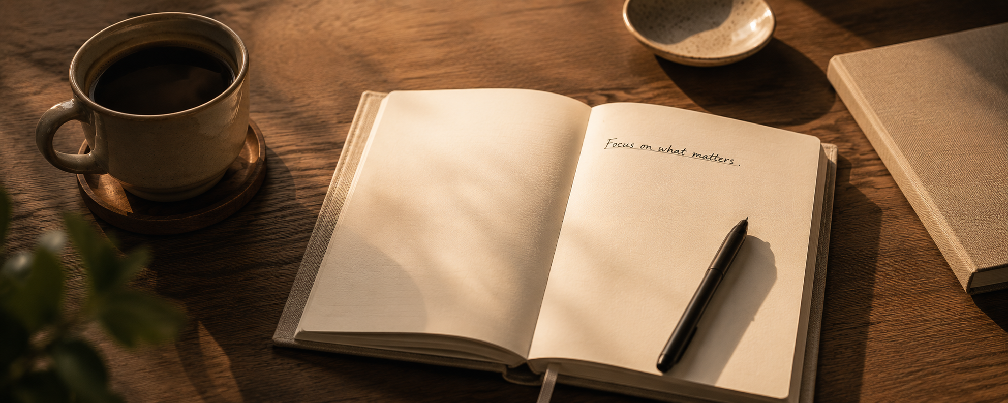 Open linen journal with a single handwritten line and coffee cup beside it in morning light