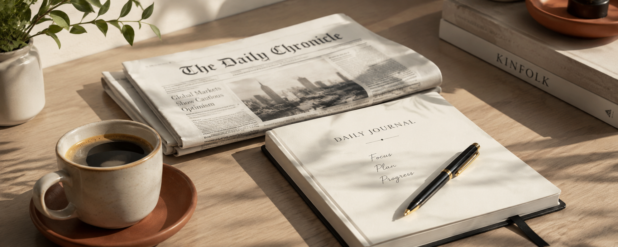 Folded newspaper and simple morning digest notepad with pen on a calm desk surface