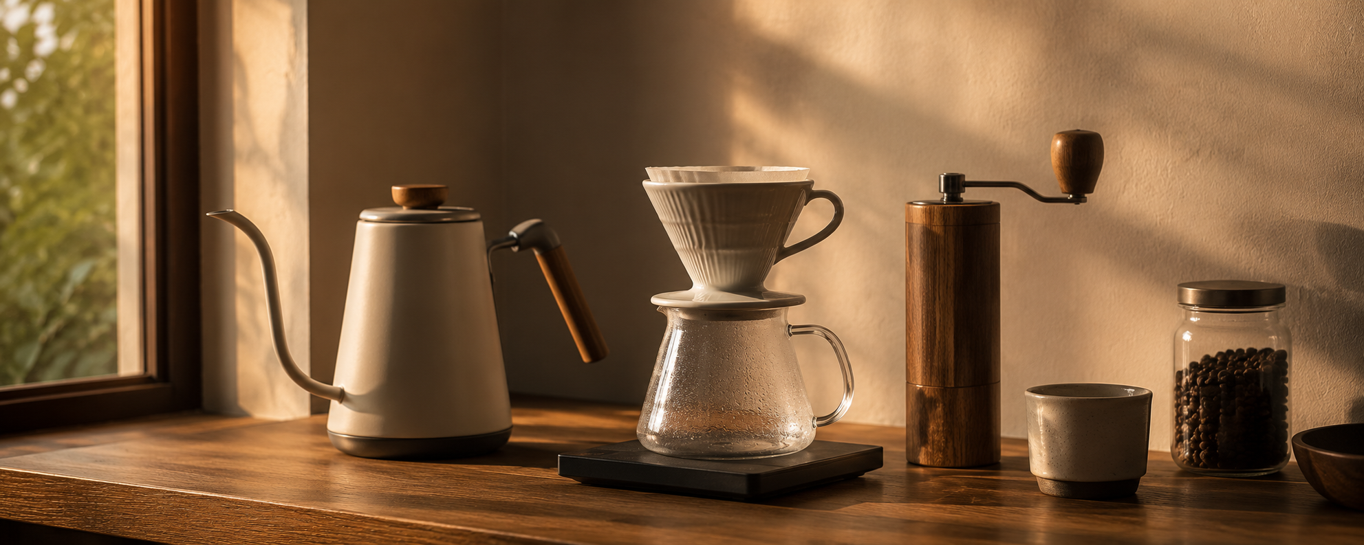 Minimalist pour-over coffee setup with gooseneck kettle and ceramic dripper on a clean wooden counter at dawn