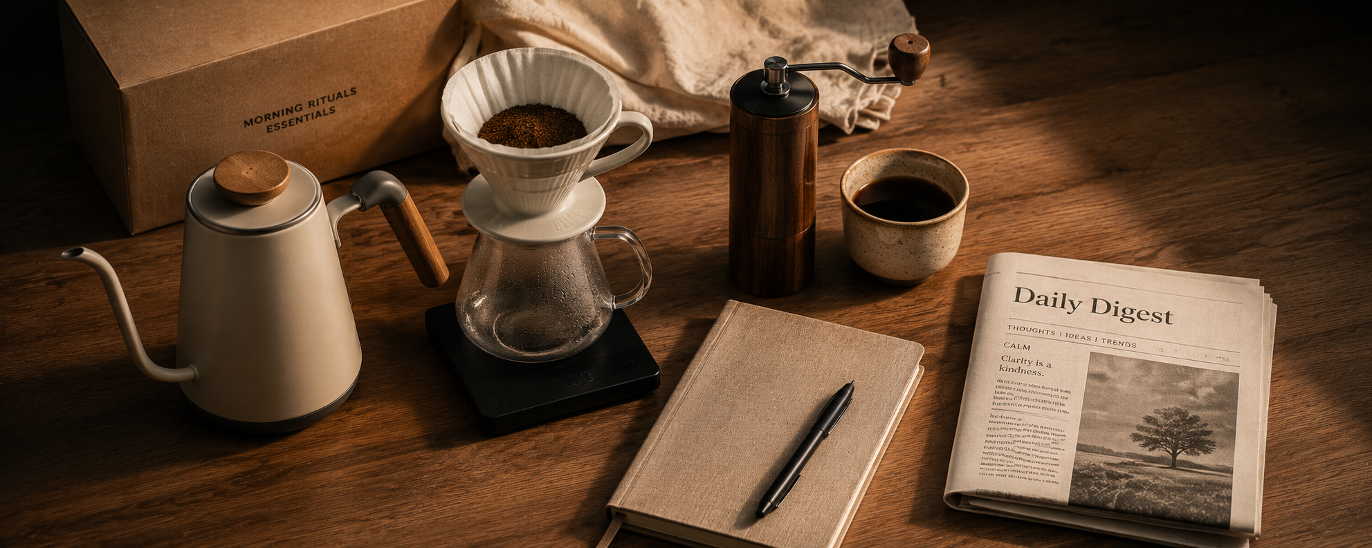 Complete morning ritual bundle: coffee gear, journal and weekly brief arranged neatly on a table